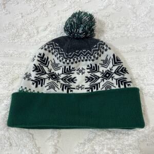 KNITTED CUFFED POM-POM BEANIE Unisex Green Sz OS Cozy Cabin Northern Winter